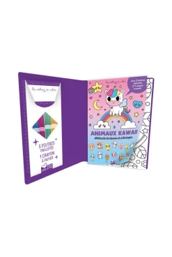 Livre Album Animaux Kawaii, méthode de dessin et coloriages, pochette 5 feutres pailletés et 1 crayon à papier