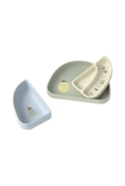 LÄSSIG Set de vaisselle en silicone 3 pcs Citron Happy Fruits, Bleu, kaki clair, écru