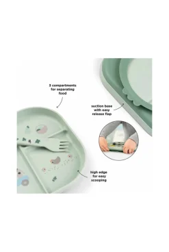 Set repas 4 pièces assiette compartimentée, gobelet, couverts