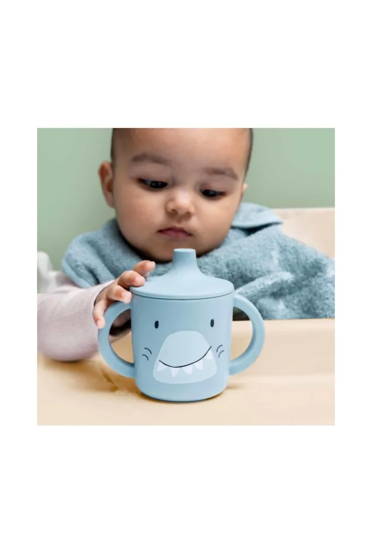 Tasse d'apprentissage en silicone requin bleu gris