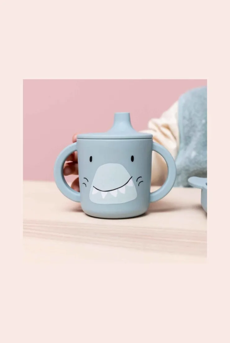 Tasse d'apprentissage en silicone requin bleu gris